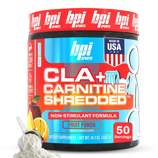 BPI Sports CLA Carnitine Shredded bottle highlights non-stimulant fat burn support