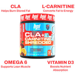 BPI Sports CLA Carnitine Shredded open bottle shows premium packaging