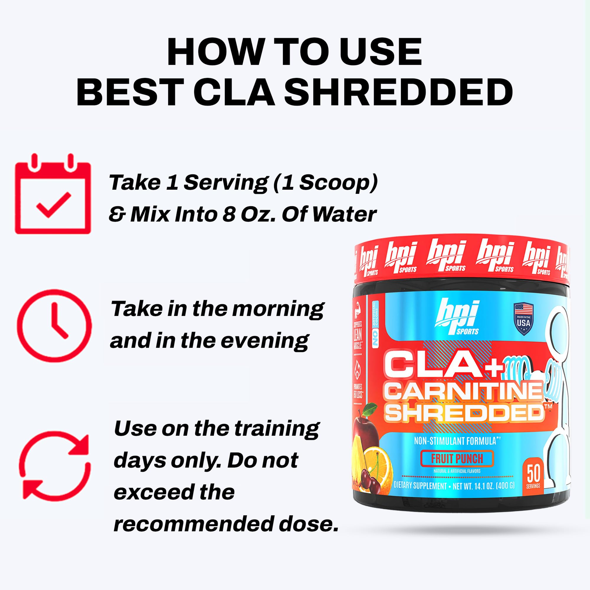 BPI Sports CLA Carnitine Shredded performance image implies lean muscle focus