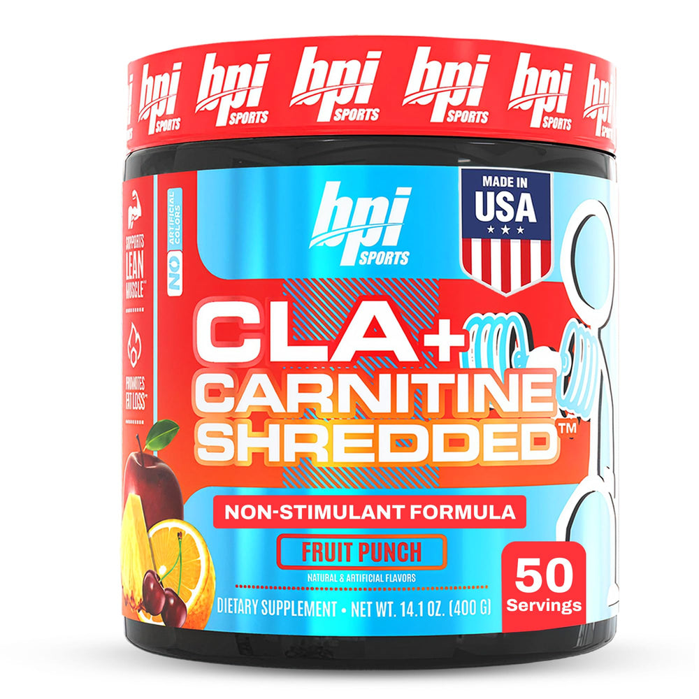 BPI Sports CLA Carnitine Shredded powder close-up emphasizes energy from fat