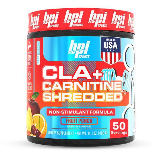 BPI Sports CLA Carnitine Shredded powder close-up emphasizes energy from fat