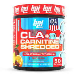 BPI Sports CLA Carnitine Shredded powder close-up emphasizes energy from fat