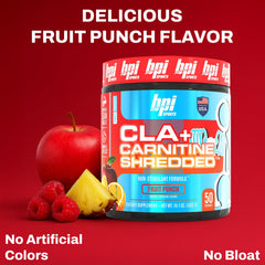 BPI Sports CLA Carnitine Shredded serving scoop shows convenient daily dose