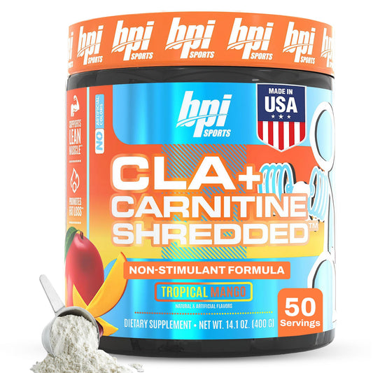 BPI Sports CLA + Carnitine Shredded tropical mango bottle provides non-stimulant energy support for workouts.