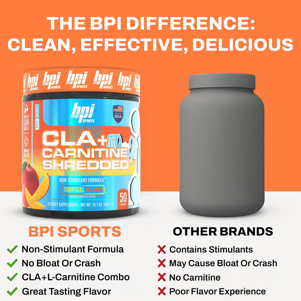 BPI Sports CLA + Carnitine Shredded tropical mango container scene communicates lean-muscle support without stimulants.