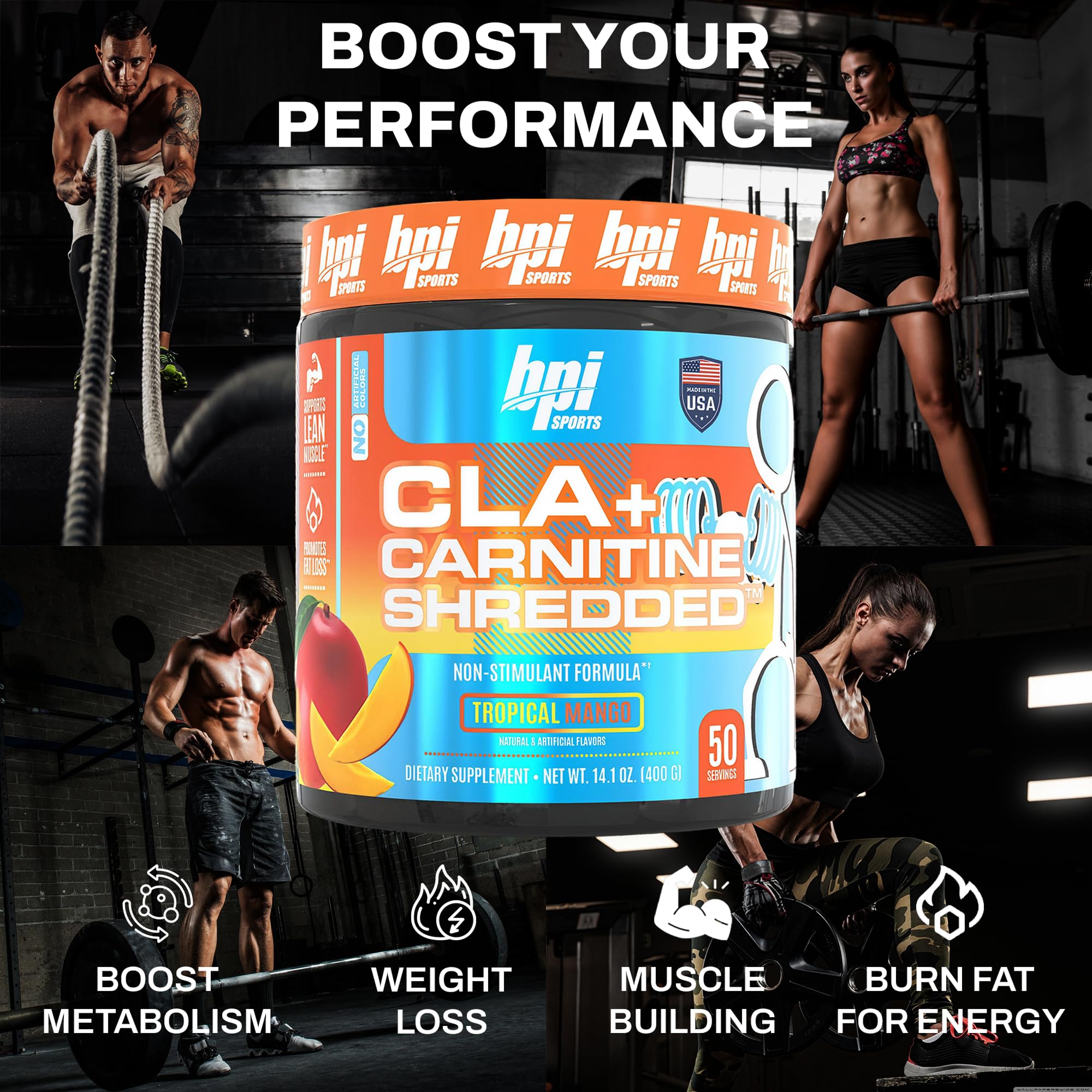 BPI Sports CLA + Carnitine Shredded tropical mango label highlights CLA and L-carnitine.