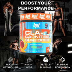 BPI Sports CLA + Carnitine Shredded tropical mango label highlights CLA and L-carnitine.