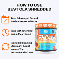 BPI Sports CLA + Carnitine Shredded tropical mango nutrition facts panel emphasizes the fat-support blend.