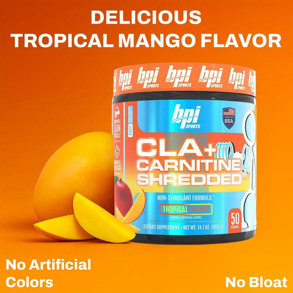 BPI Sports CLA + Carnitine Shredded tropical mango pour image shows easy post-workout mixing.