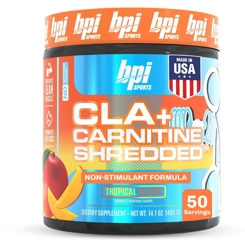 BPI Sports CLA + Carnitine Shredded tropical mango scoop demonstrates convenient daily serving.