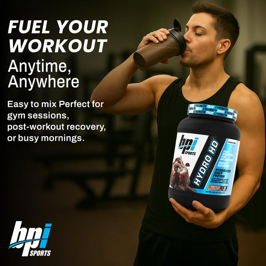Hydro HD scoop pouring powder into a shaker for quick post-workout fueling
