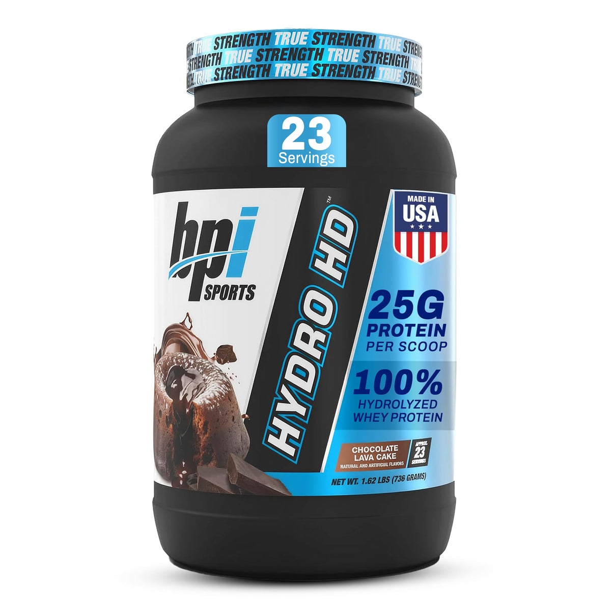 BPI Sports Hydro HD tub closeup highlighting hydrolyzed whey formula for fast absorption