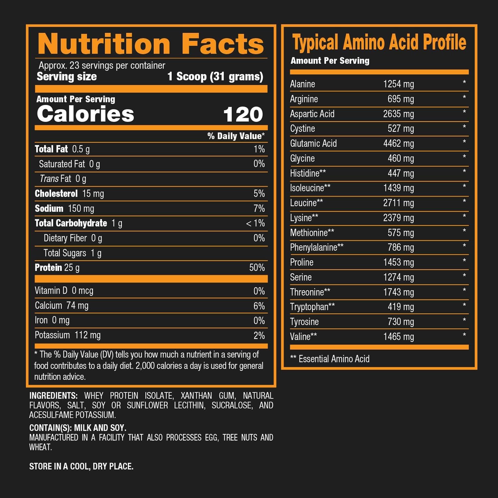 Ingredients list close-up emphasizing purity and high-quality whey protein.