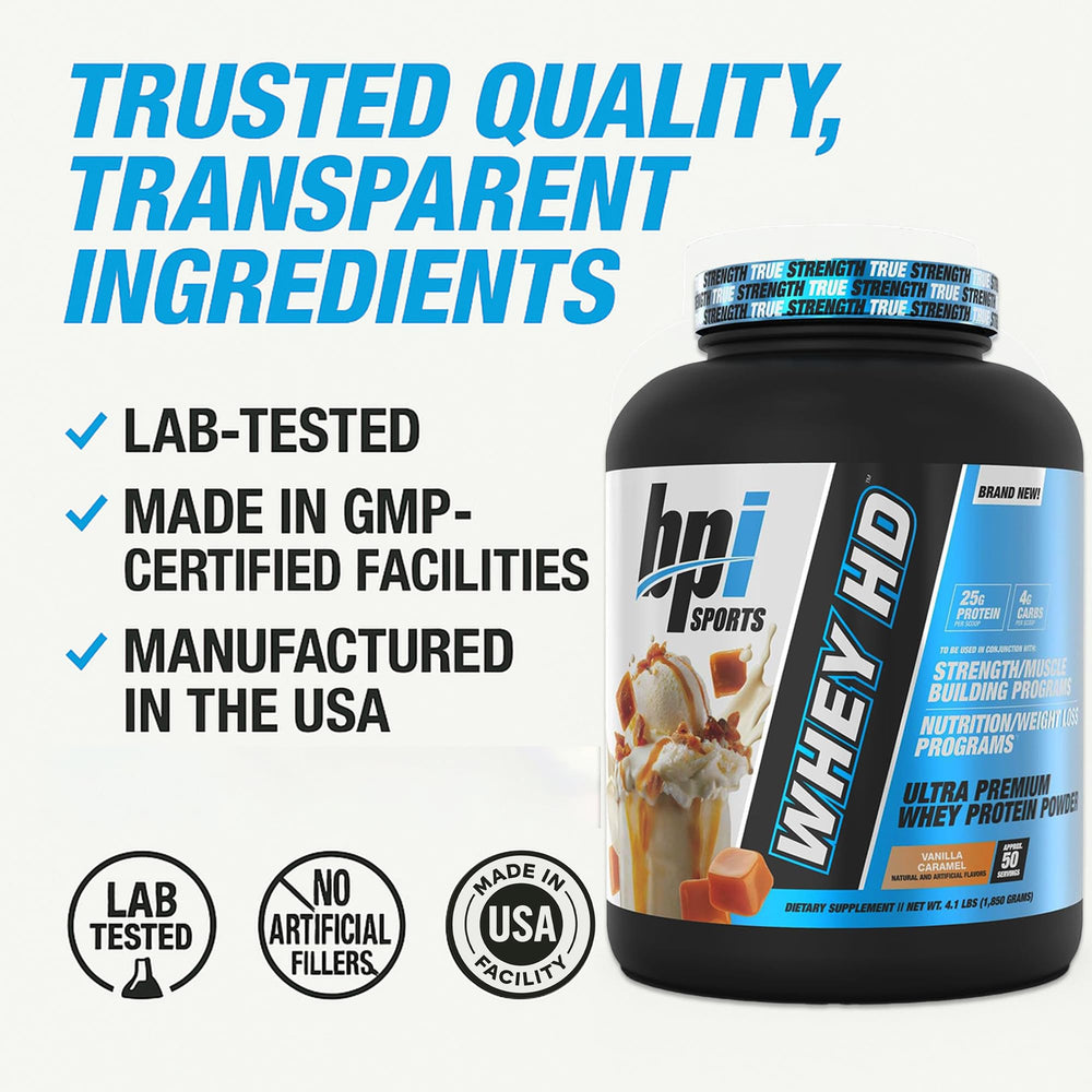 BPI Sports Whey HD chocolate cookie flavor on display as a rich option.