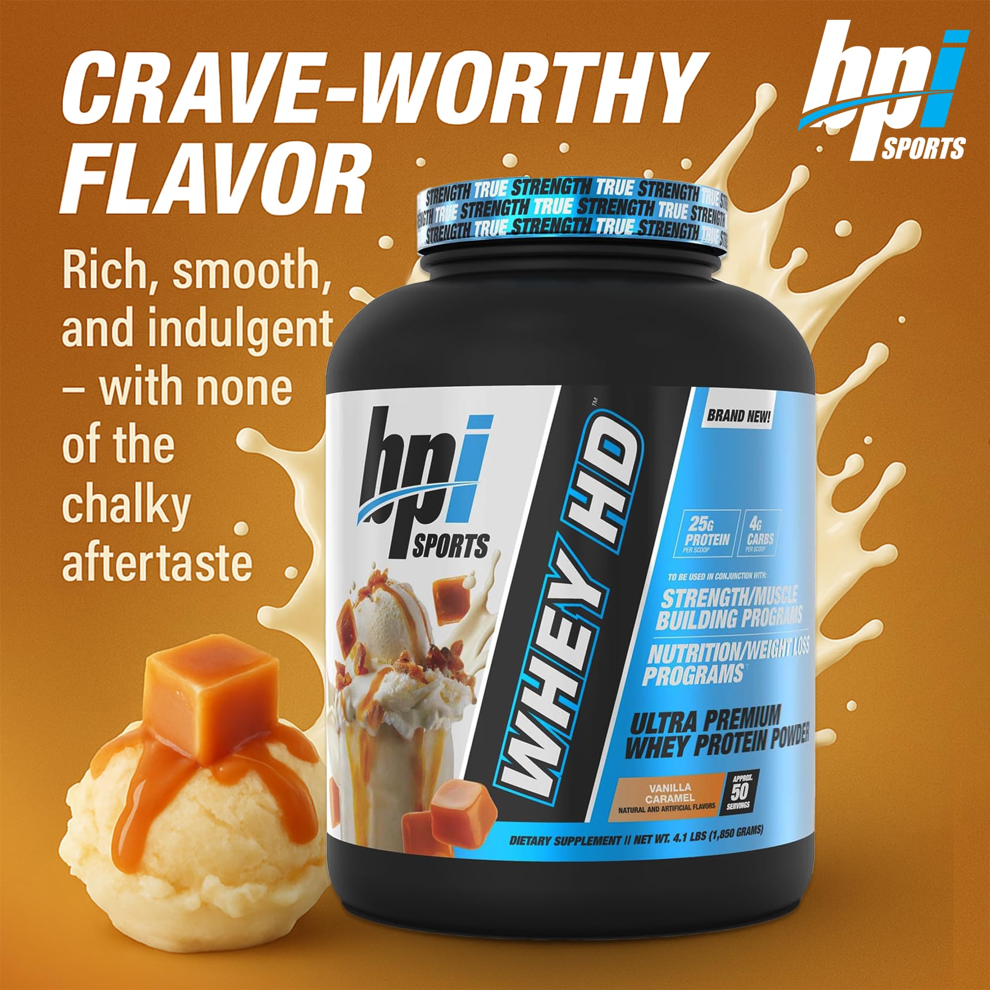 BPI Sports Whey HD blended shake in a glass, creamy texture shown.