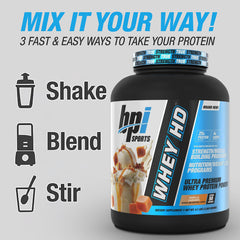 BPI Sports Whey HD vanilla caramel flavor ready to mix in a scoop.