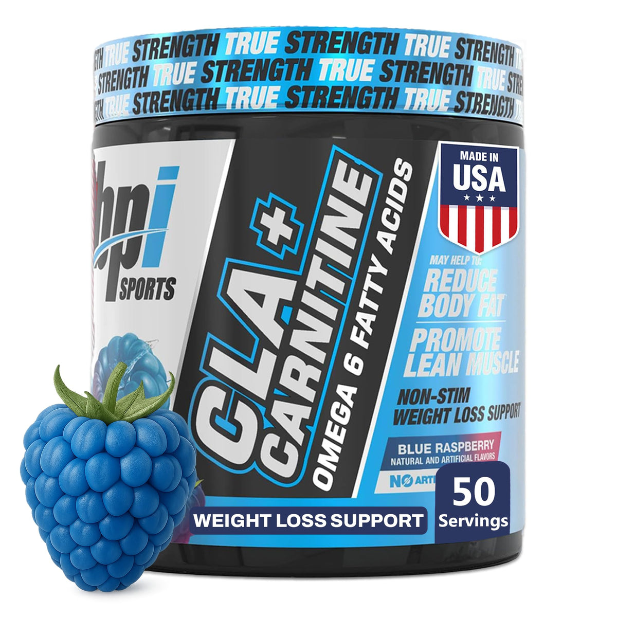 BPI Sports CLA+Carnitine bottle showing fat-to-energy supplement benefits for workouts.