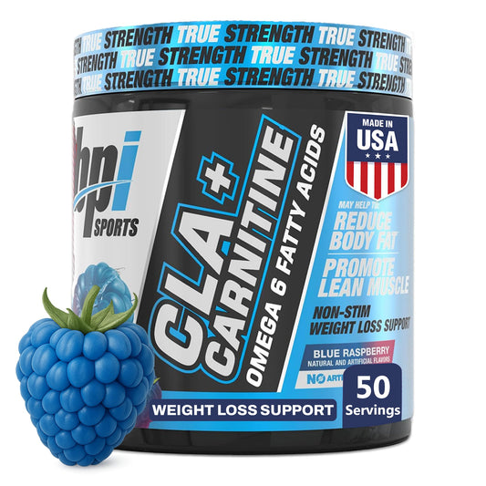 BPI Sports CLA+Carnitine bottle showing fat-to-energy supplement benefits for workouts.