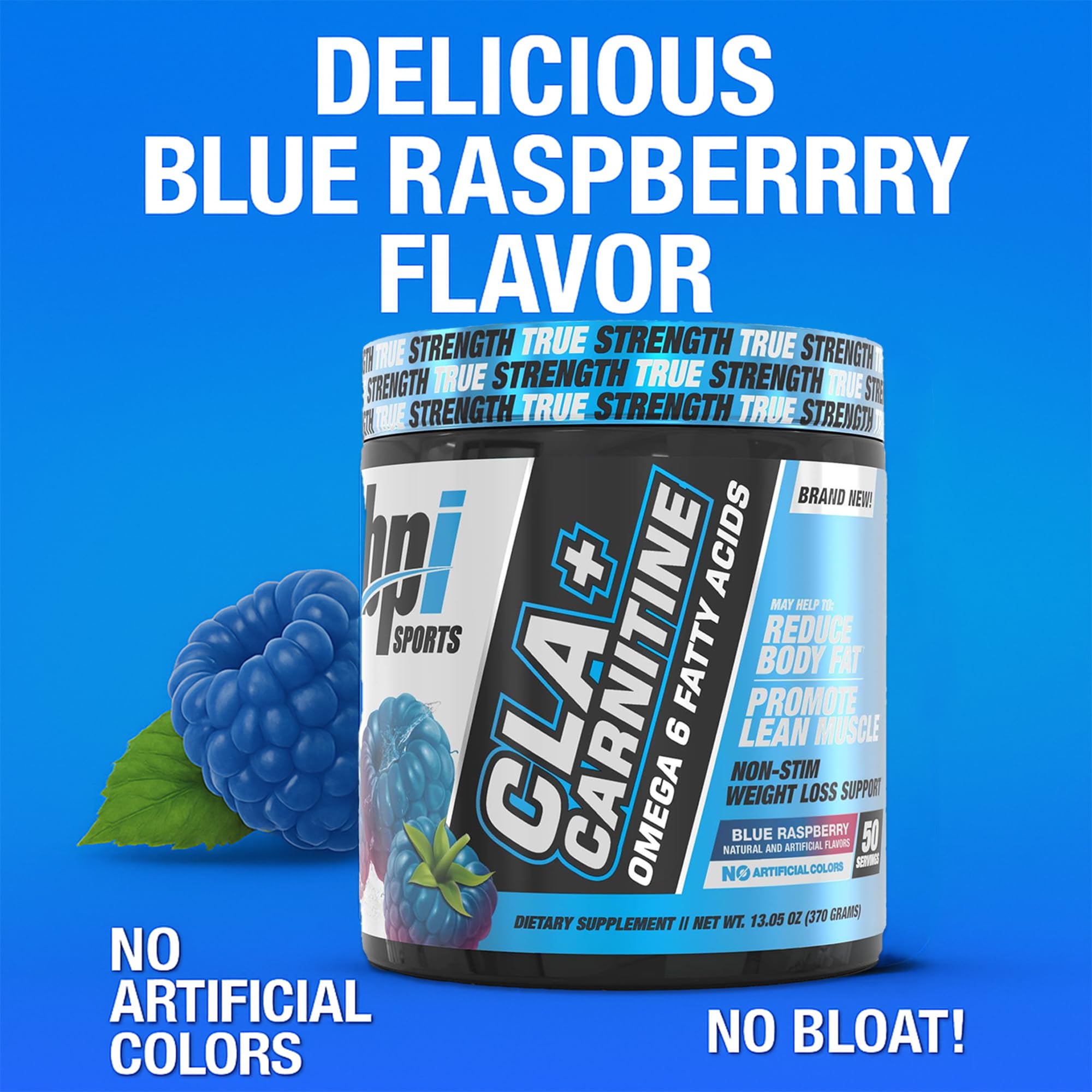 Front label of BPI CLA+Carnitine highlighting a stimulant-free formula.