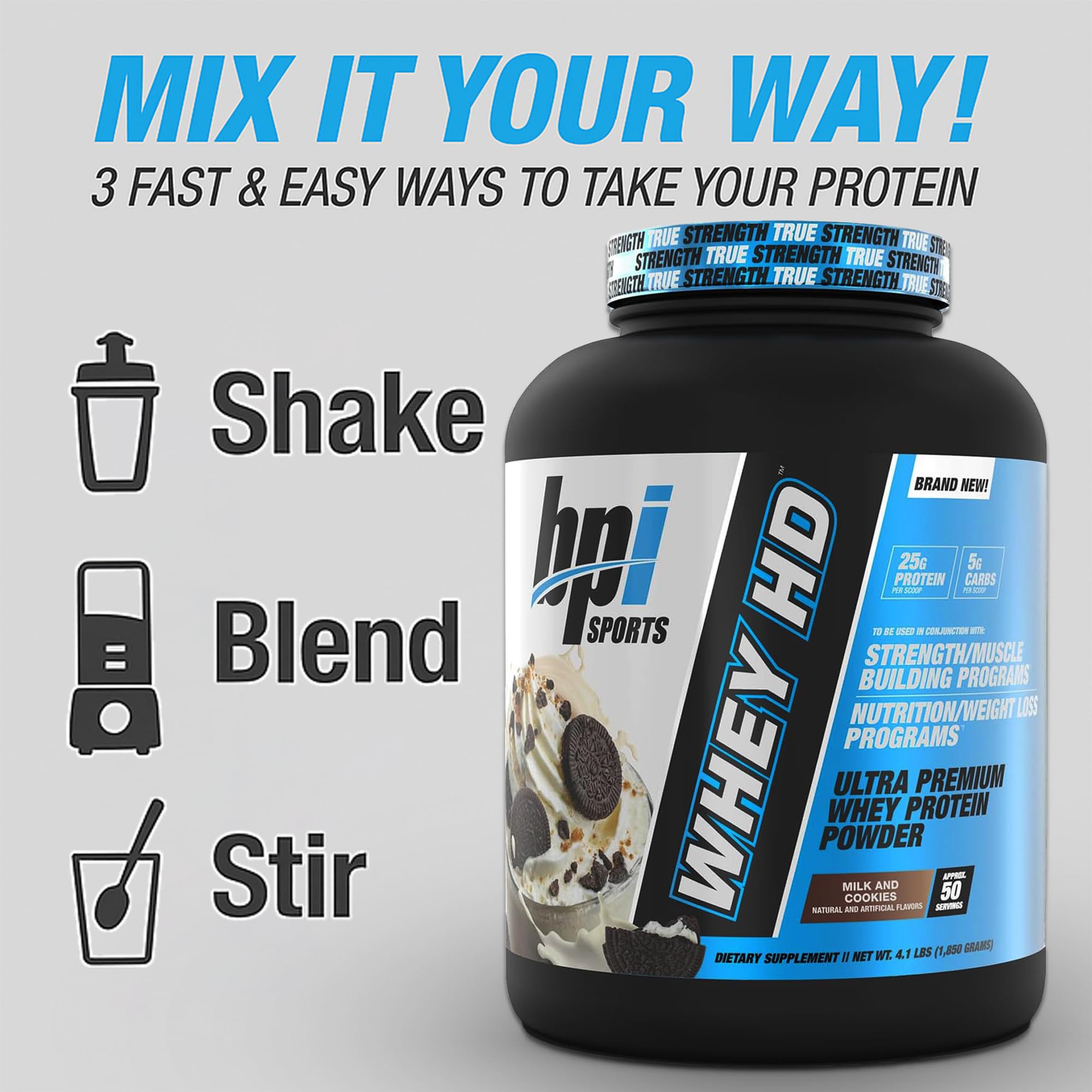 BPI Sports Whey HD pouring into mug for shake