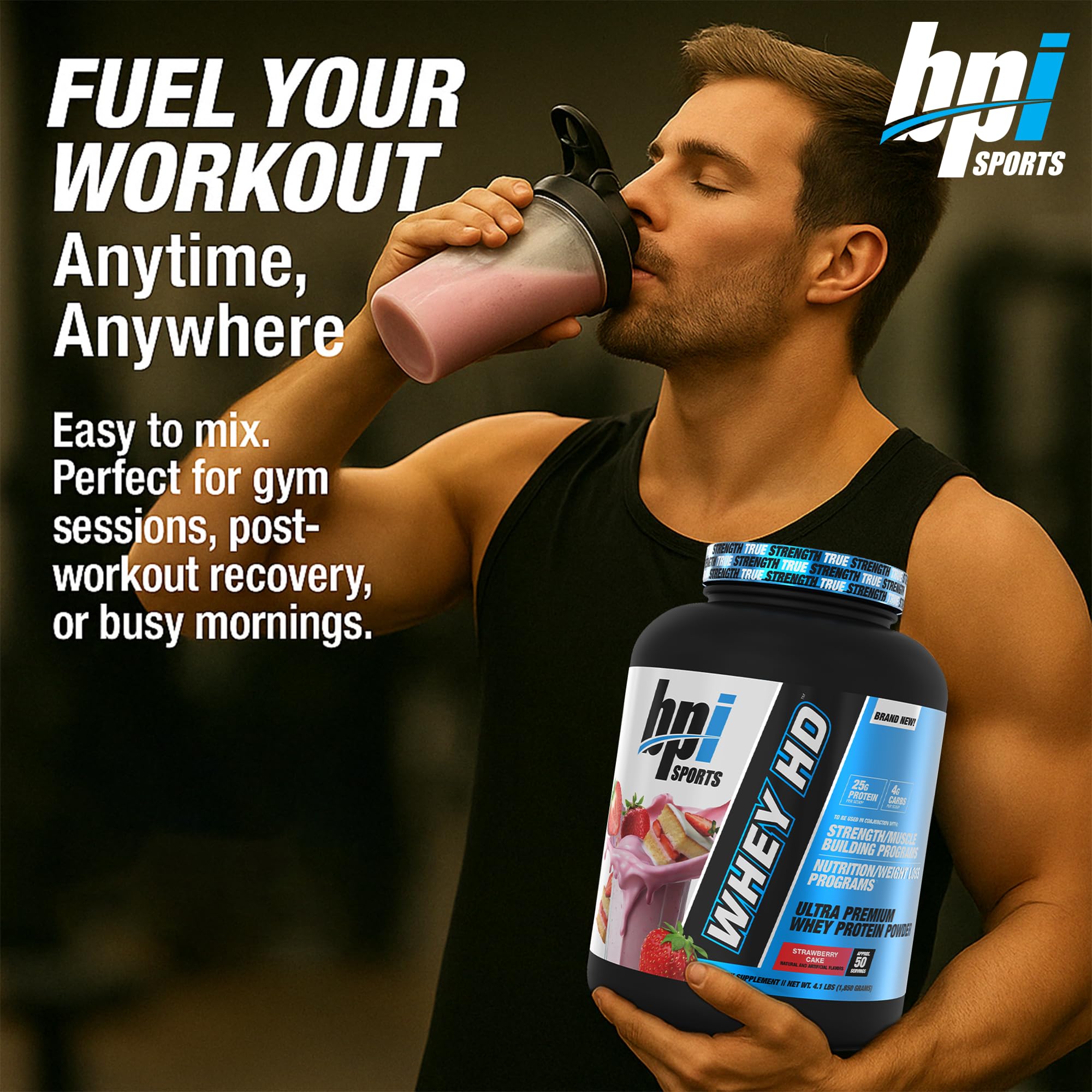 BPI Sports Whey HD scoop pouring into a shaker for quick protein delivery