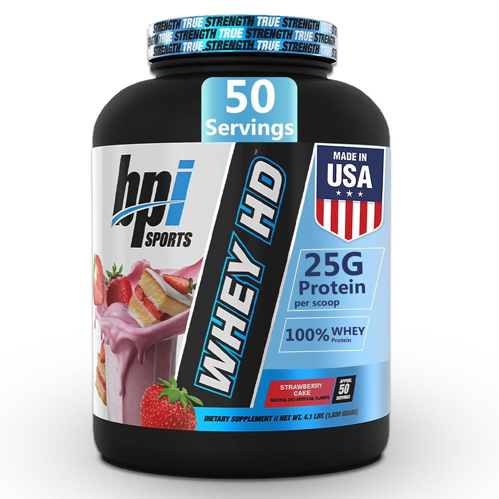 BPI Sports Whey HD strawberry cake powder bottle for post-workout fueling