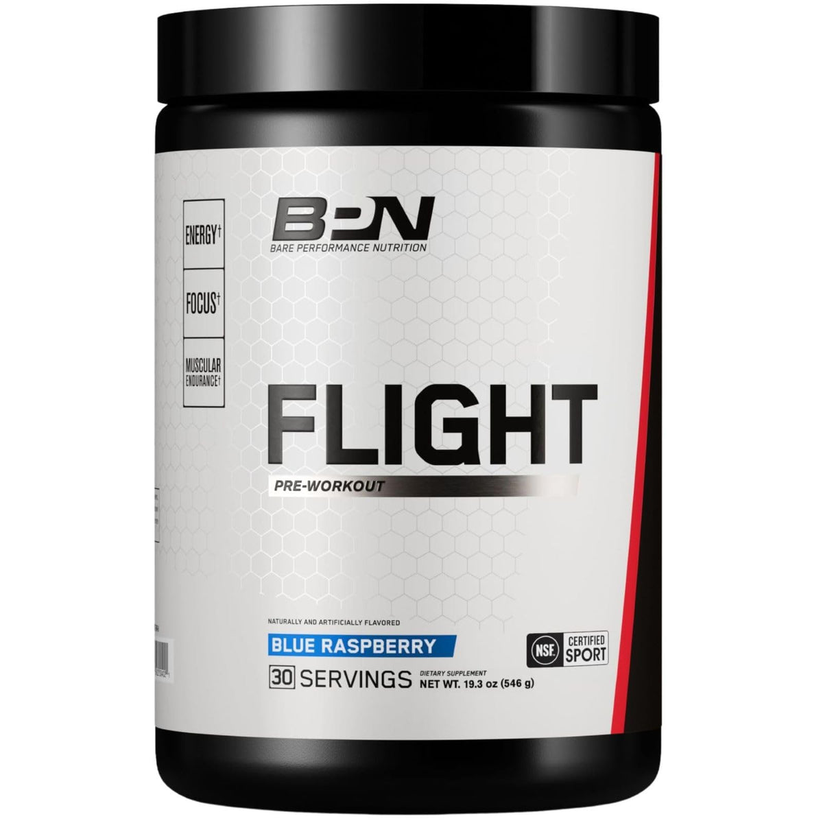 BPN Flight blue raspberry tub showing the supplement powder for energy and focus.