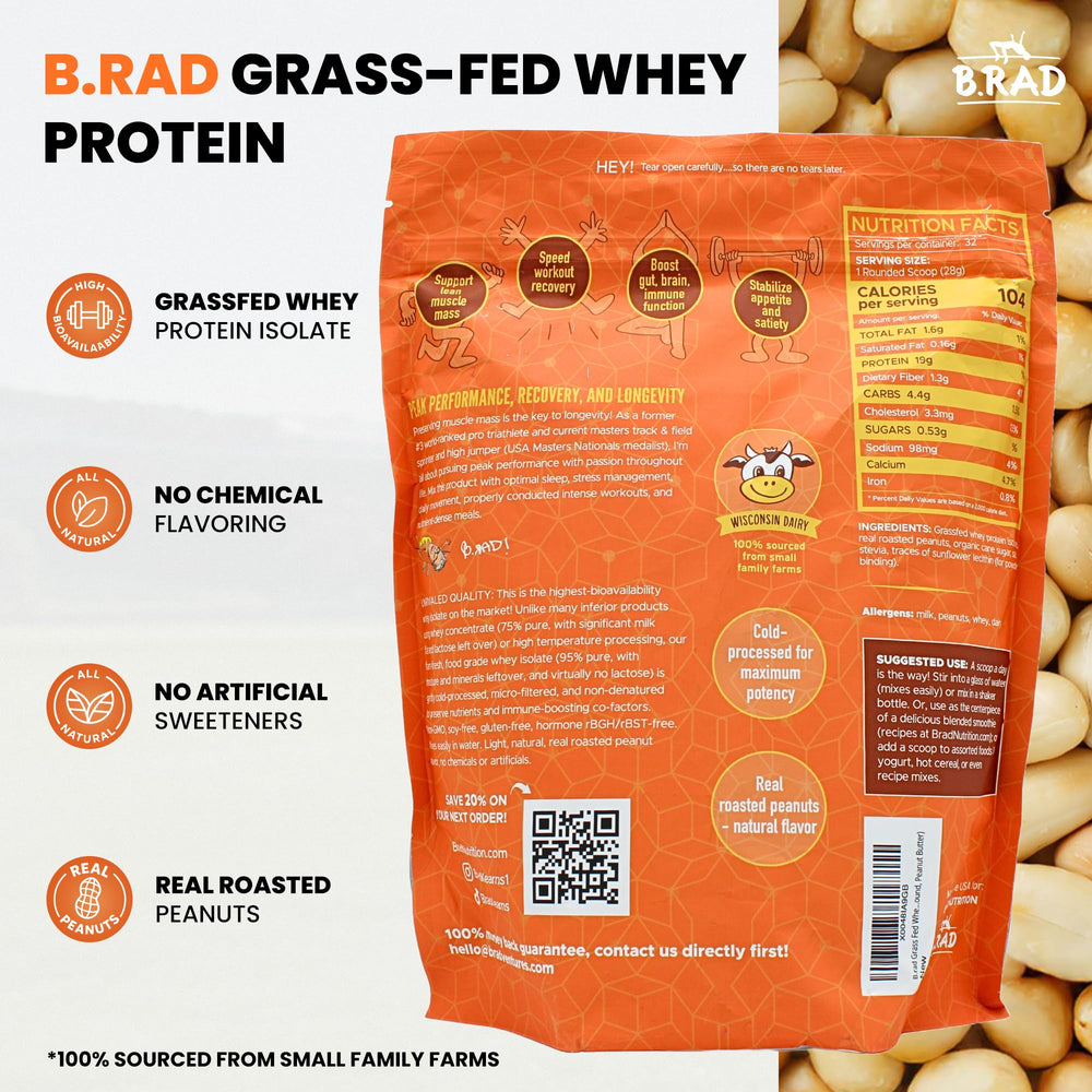 Brad grass-fed whey isolate scoop showing 95% purity for clean nutrition