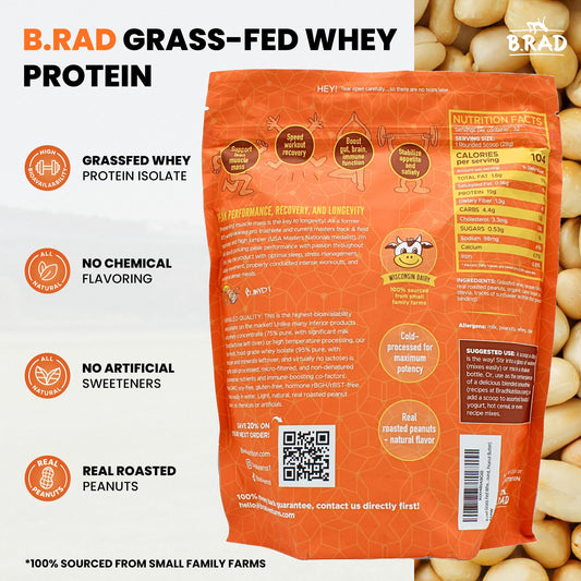 Brad grass-fed whey isolate scoop showing 95% purity for clean nutrition