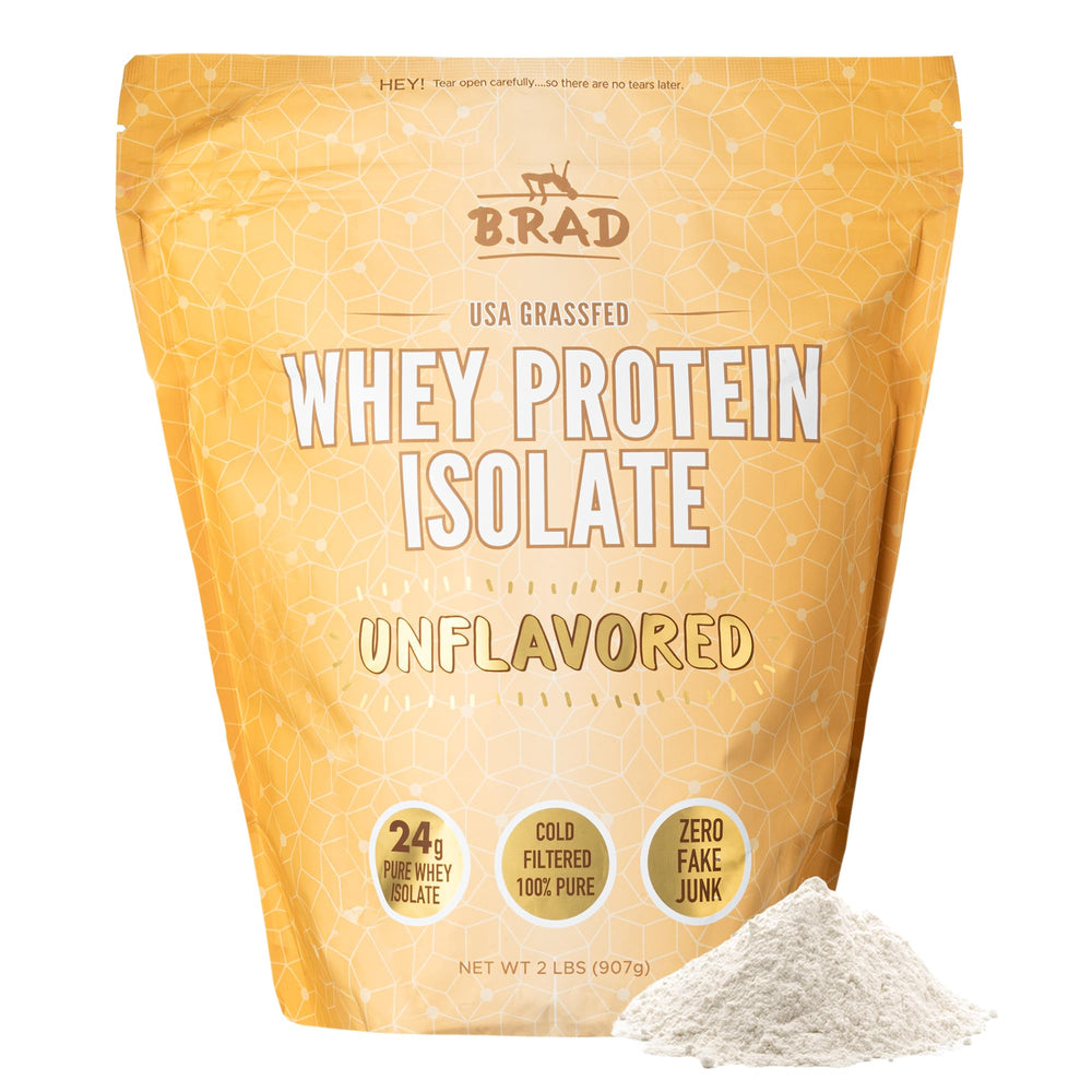 B.rad Grass Fed Whey Isolate bottle front highlighting 95% purity for athletes