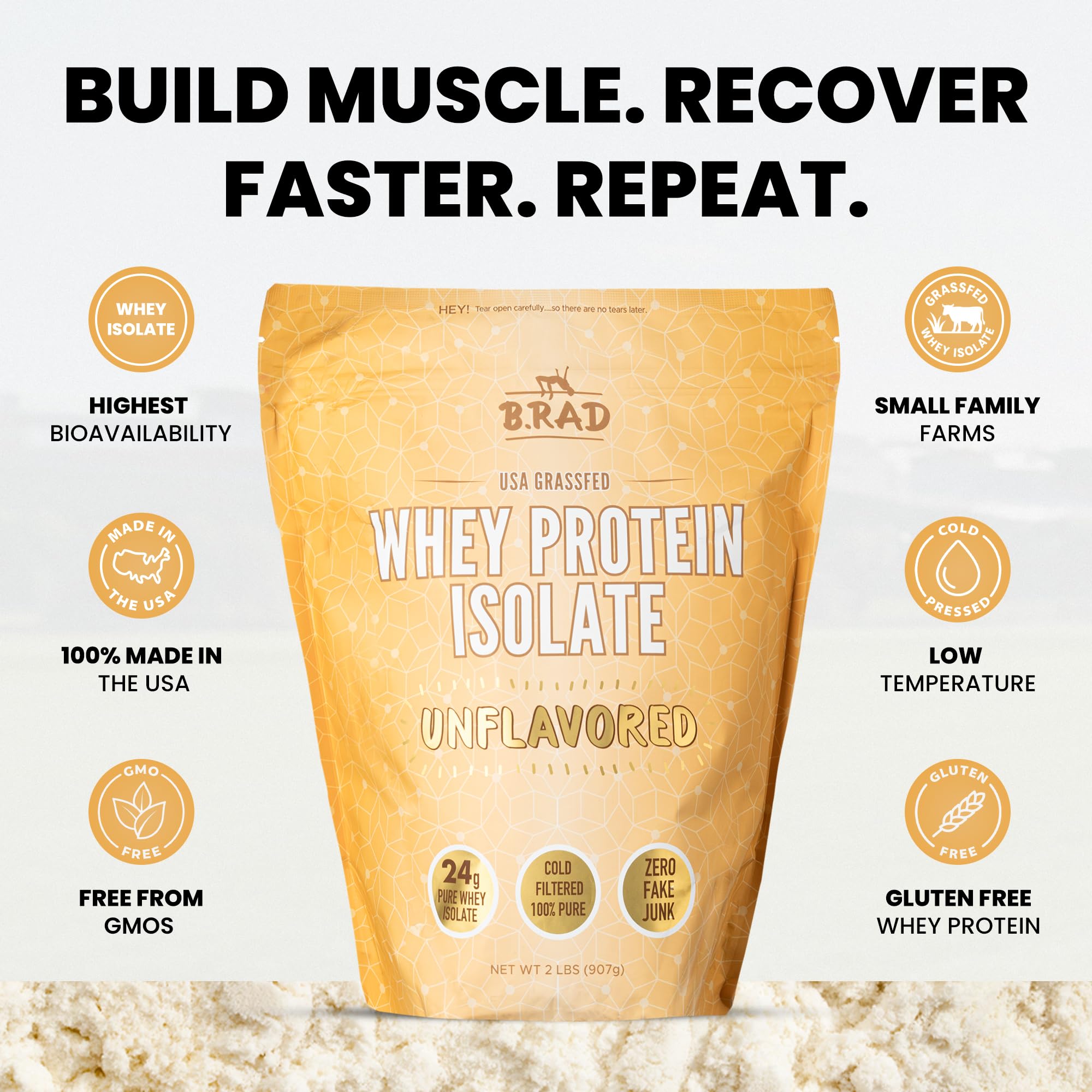 B.rad whey isolate micro-filtered process close-up suggests high-quality processing