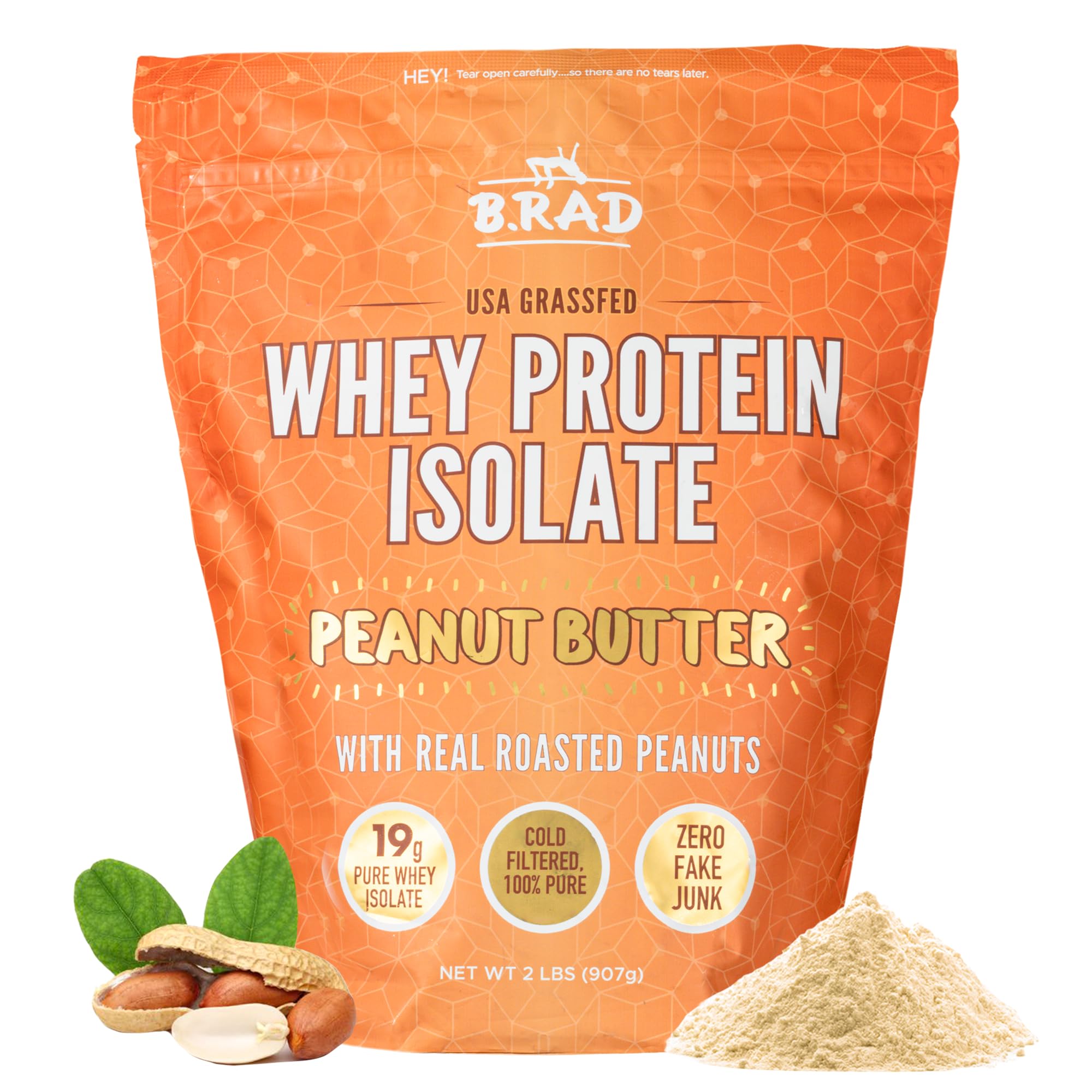 Brad grass-fed whey isolate peanut butter 2lb being poured into a glass for a smoothie