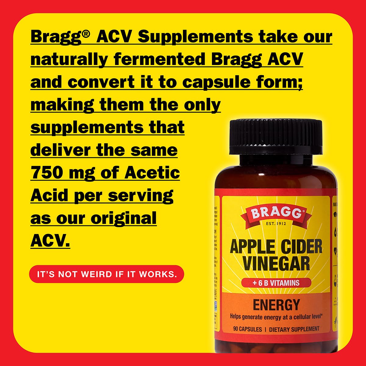 Bragg Energy ACV Capsules bottle back shows ingredients and B vitamins for energy