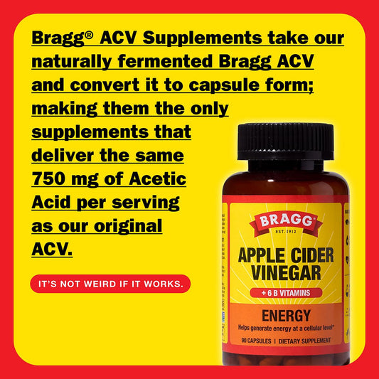 Bragg Energy ACV Capsules bottle back shows ingredients and B vitamins for energy