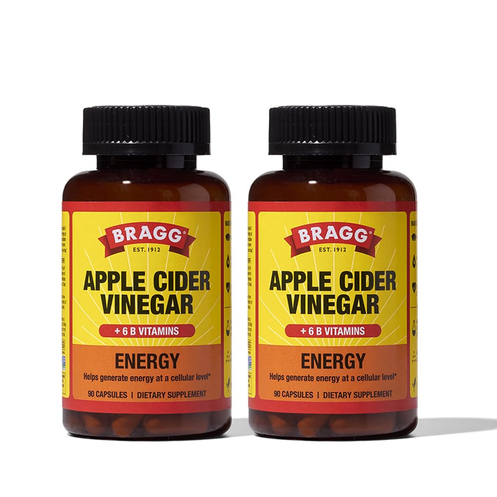 Bragg Energy ACV Capsules bottle front, vegan and non-GMO for daily vitality