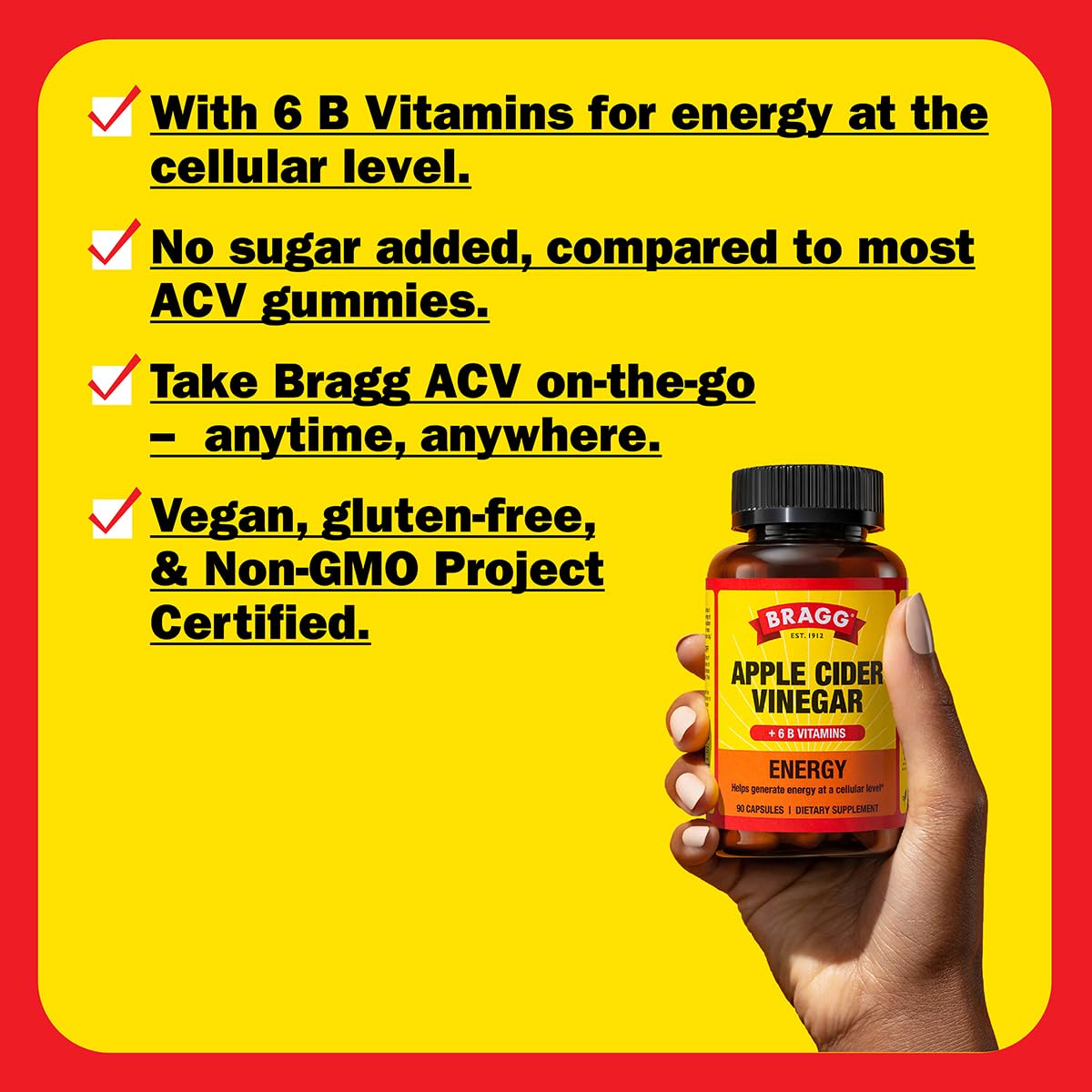 Bragg Energy ACV Capsules dose info graphic for daily three-capsule regimen
