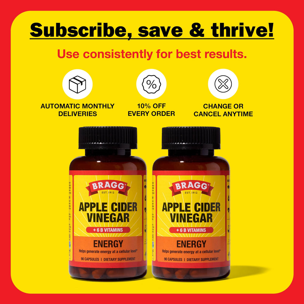 Bragg Energy ACV Capsules badge showing vegan, gluten-free, and non-GMO certification