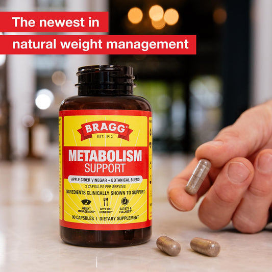 Bragg Metabolism Support capsules close-up on label with ACV ingredients