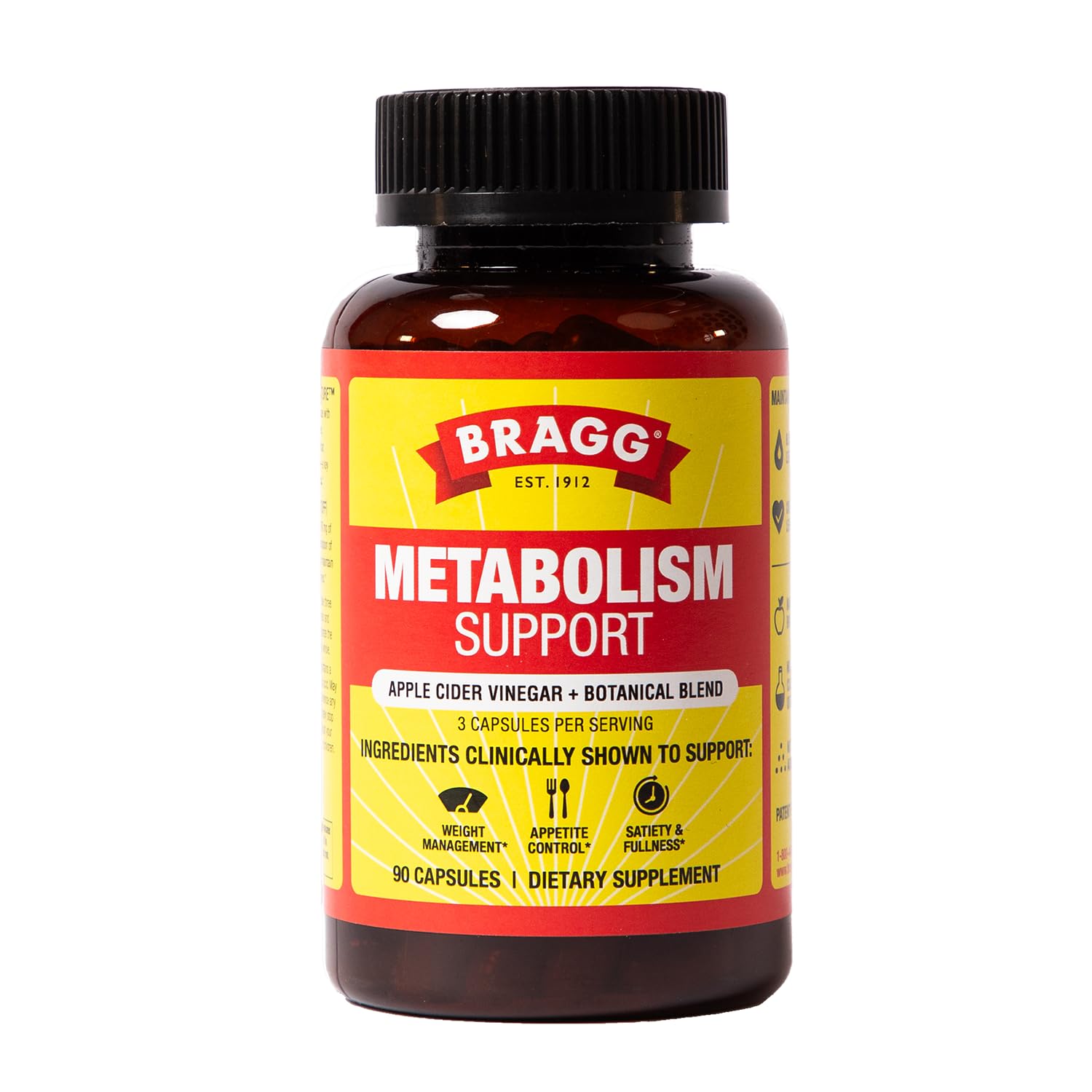 Bragg Metabolism Support bottle front with label; may aid appetite control.