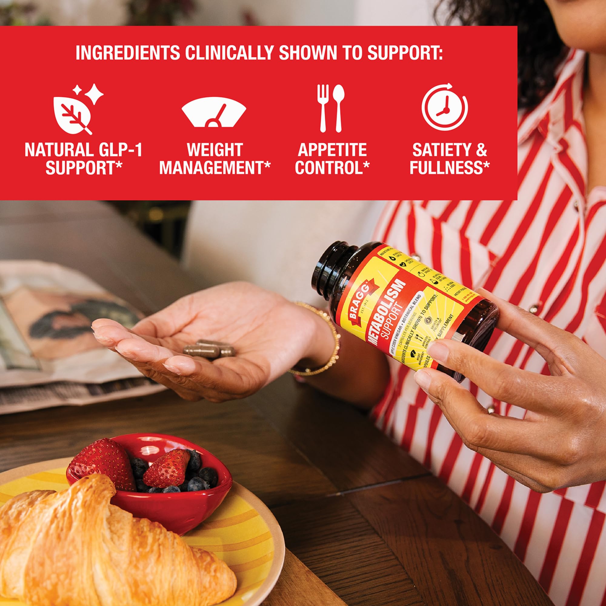 Bragg Metabolism Support capsules in hand for daily weight-management potential