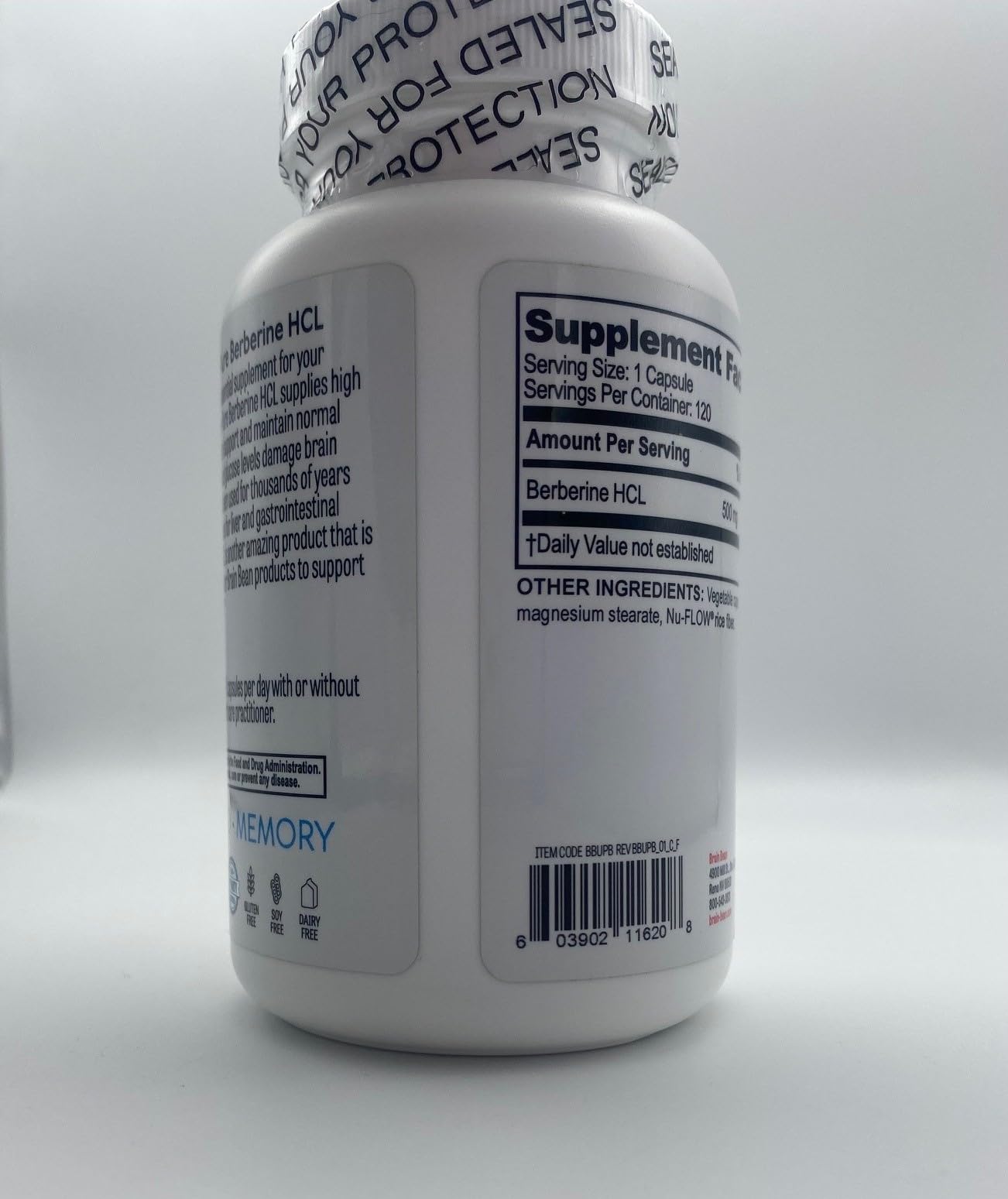 Brain Bean berberine capsules with measuring scoop for convenient daily regimen.