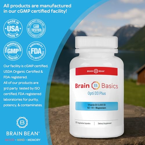 Brain Bean Brain Basic Opti D3 Plus capsules on white surface for easy dosing