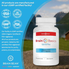 Brain Bean Brain Basic Opti D3 Plus capsules on white surface for easy dosing