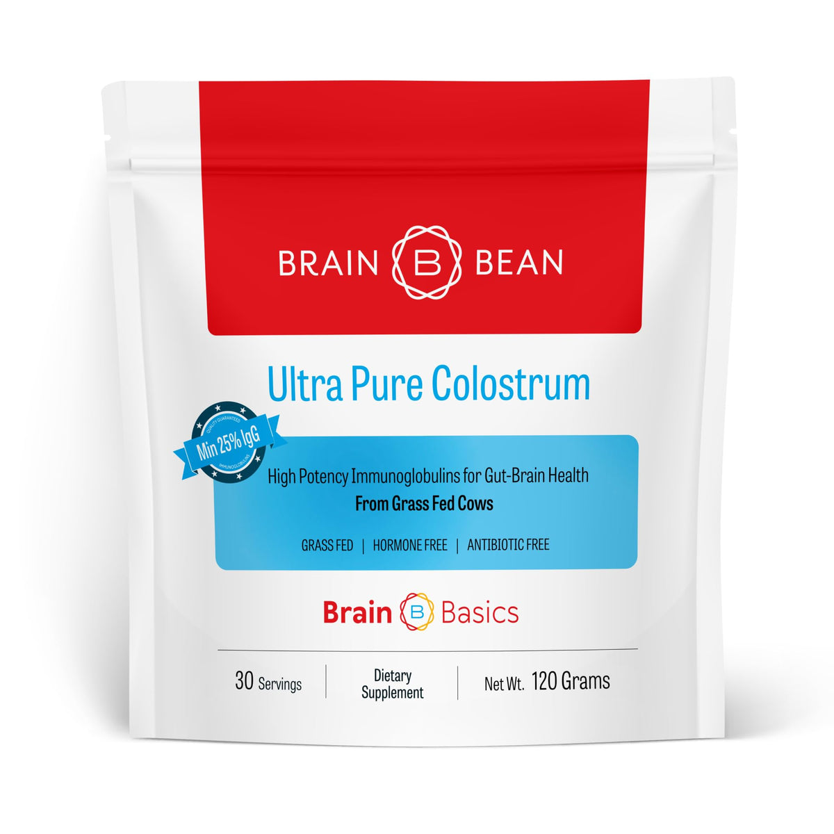 Brain Bean Brain Basics colostrum powder bottle for daily gut-friendly nutrition