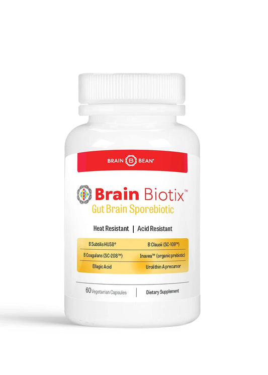 Brain Bean Brain Biotix bottle-front shows the allergen-free formula for sensitive diets