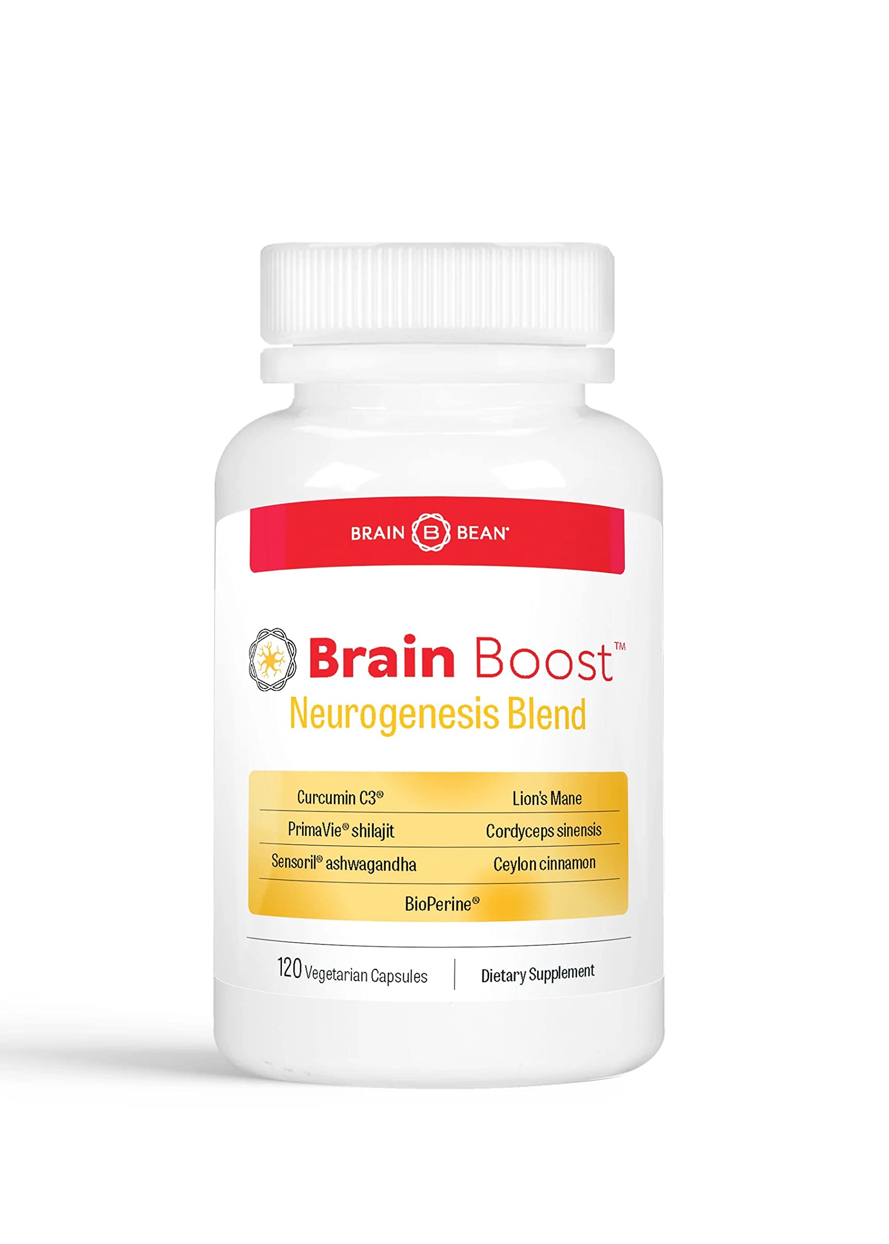 Brain Bean Brain Boost capsules bottle showing daily focus support.