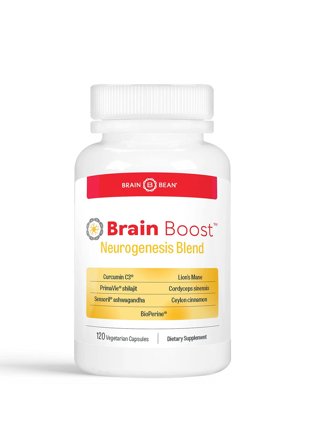 Brain Bean Brain Boost capsules bottle showing daily focus support.