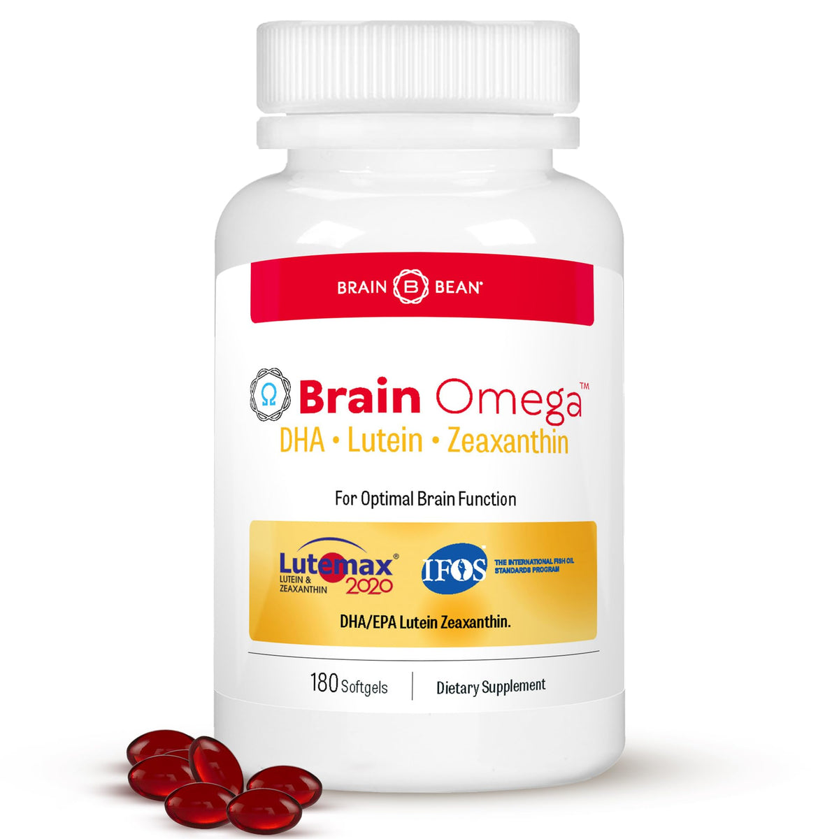 Brain Bean Brain Omega softgel bottle for daily brain, heart and eye support.