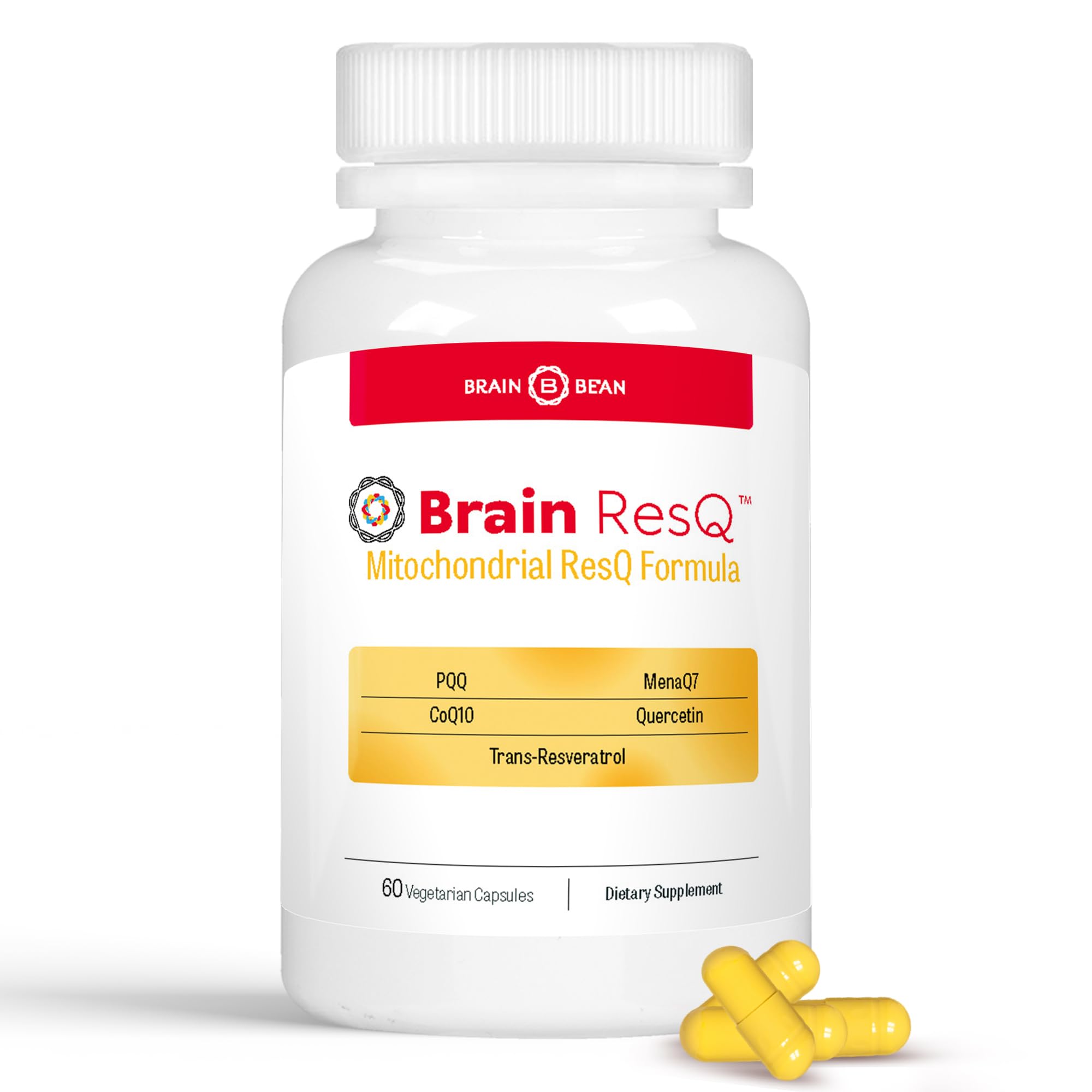 Brain Bean Brain ResQ bottle pouring capsules to support daily energy.