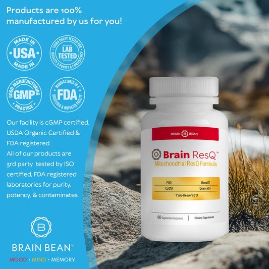 Brain Bean ResQ capsules close-up highlighting CoQ10 and PQQ for vitality.